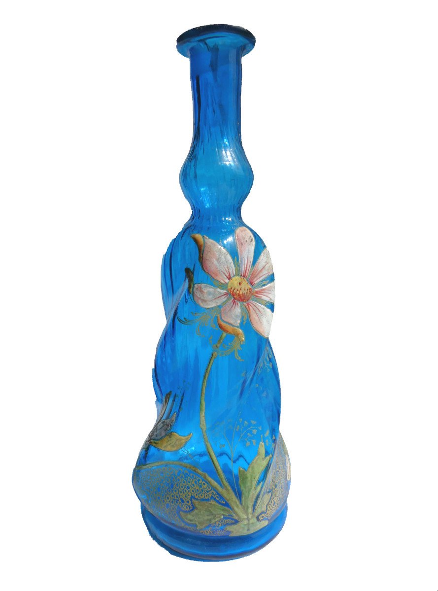 Carafe En Verre émaillé , Theodore Legras , Décor Art Nouveau , Dahlia XIXe , Bleu Turc