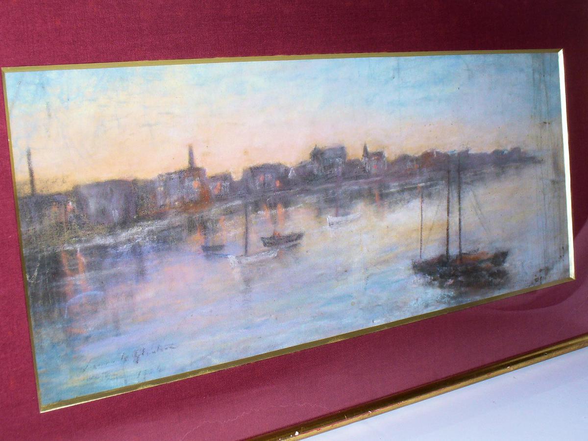 Pastel Encadré , Vue d'Un Port Au Crepuscule; Signé & Daté . Impressionnisme XIXe-photo-3
