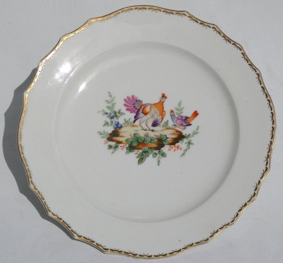 Series Of Six Lille Porcelain Plates, Manufacture Au Dauphin, 18th Century Bird Decor-photo-4