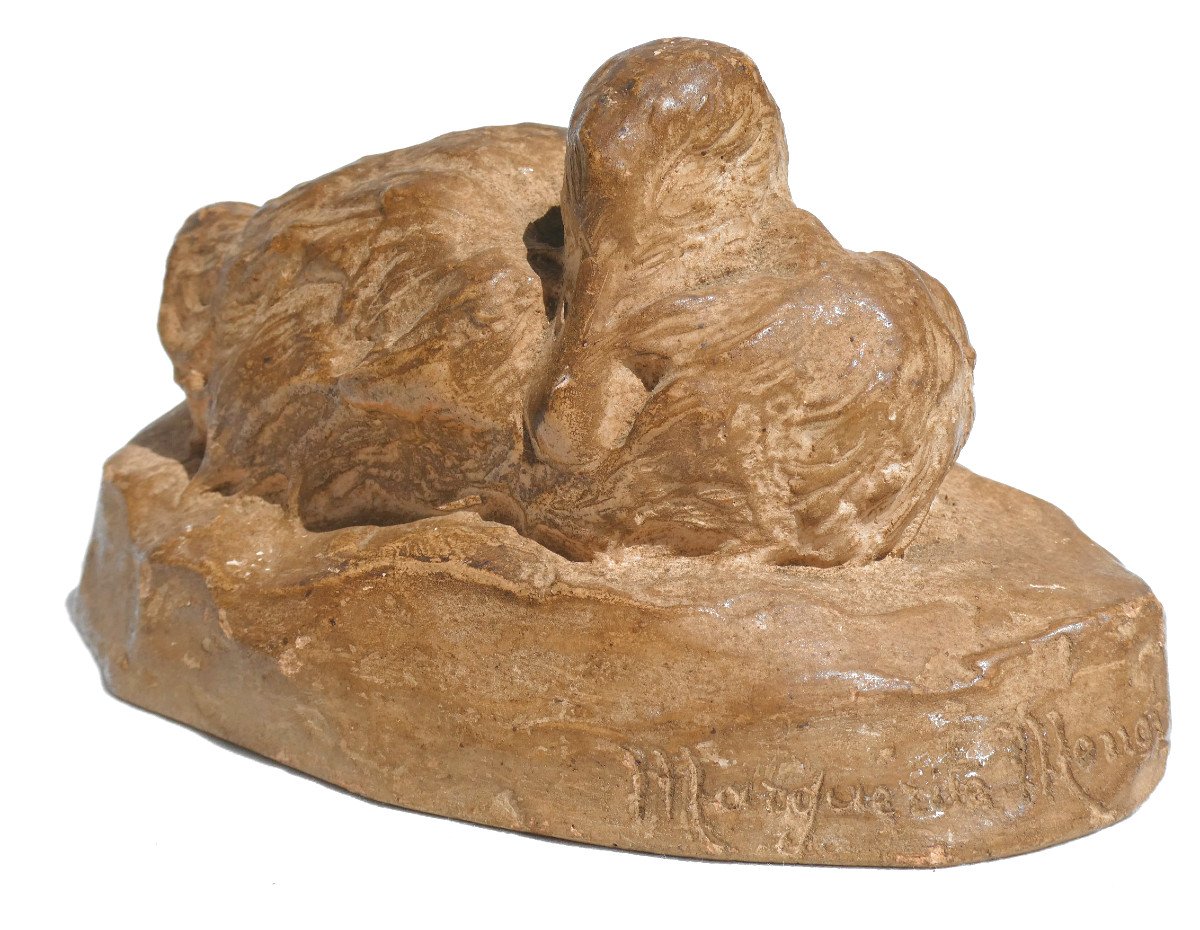 Terracotta Animal Sculpture, Duckling Signed Marguerite Monot, 1930, Bird / Animals-photo-2