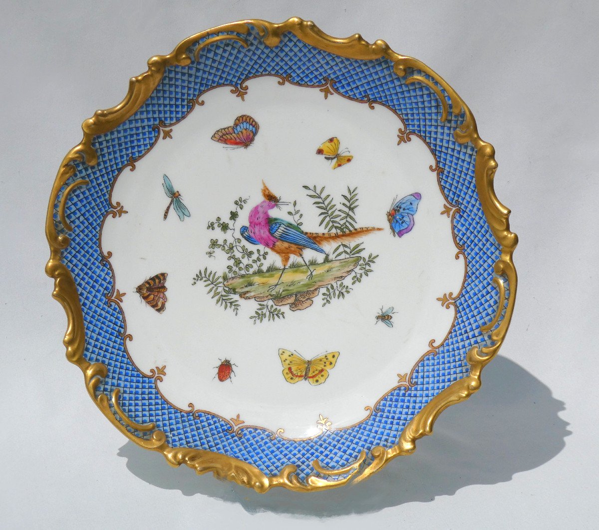 Grand Plat En Porcelaine XIXe Herend Rothschild , Décor d'Oiseaux & Papillons Style XVIIIe 