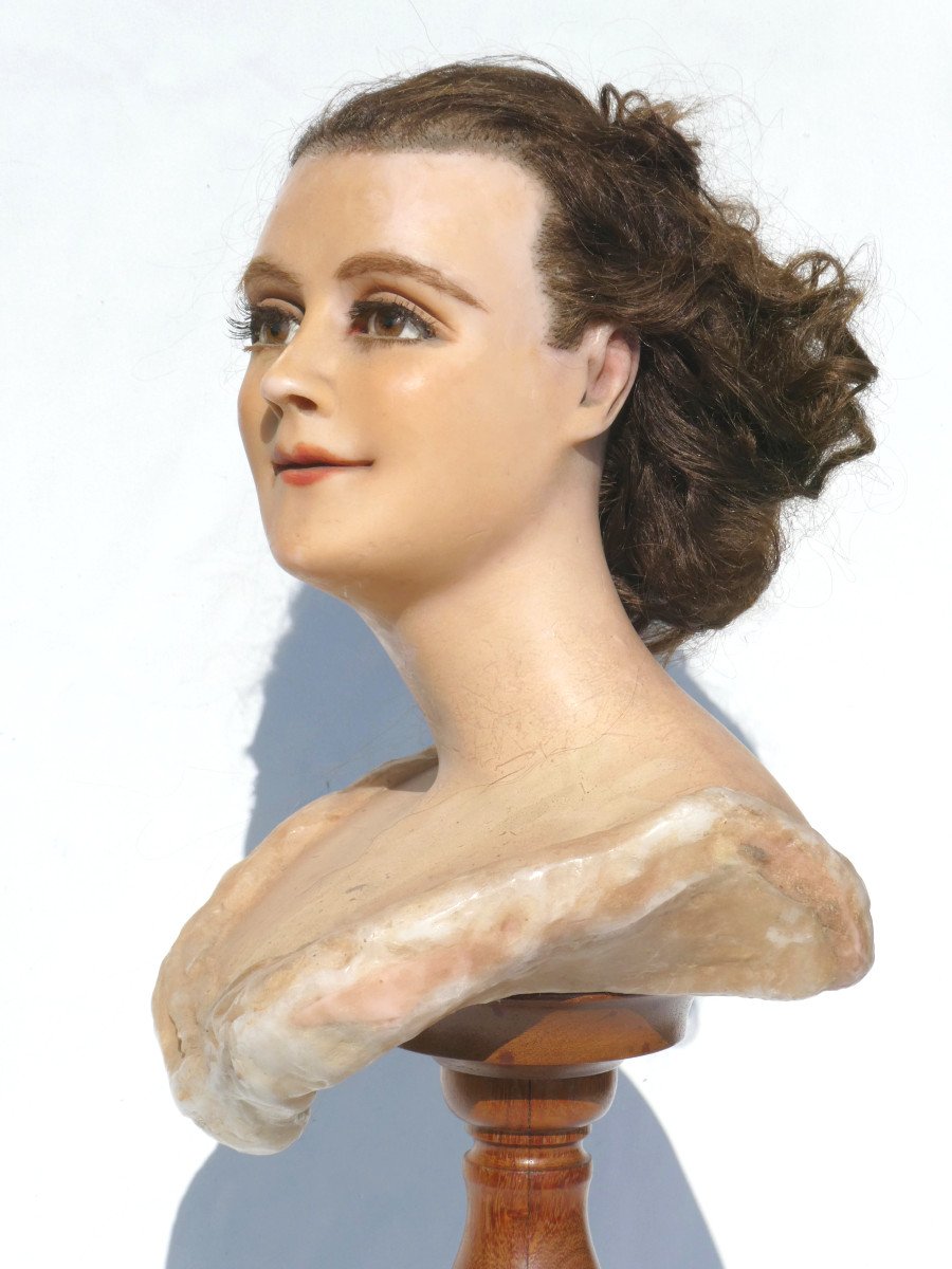 Buste En Cire Epoque XIXe Siecle , Mannequin De Vitrine / Magasin , Tête De Coiffeur / Modiste-photo-3