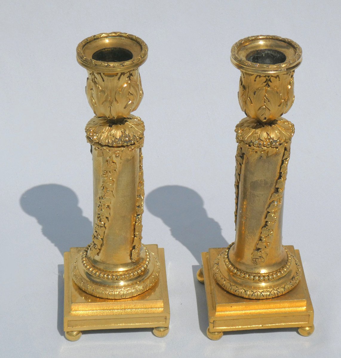 Pair Of Candlesticks In Gilt Bronze, Louis XVI Period Laurel Decor, Neo Classical Candlesticks-photo-6