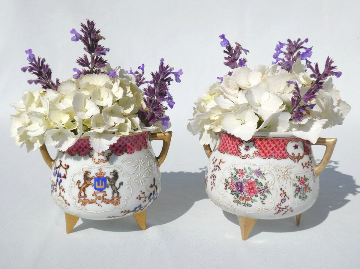 Pair Of Samson Porcelain Plant Pots, Compagnie Des Indes Famille Rose Style, Crown -photo-5