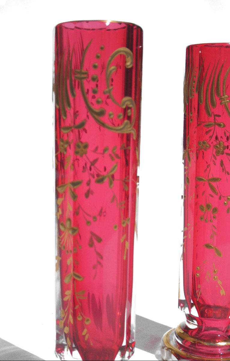 Paire De Vases Soliflore Epoque 1900 , Cristal Emaillé , Baccarat XIXe , Legras , Fushia-photo-2