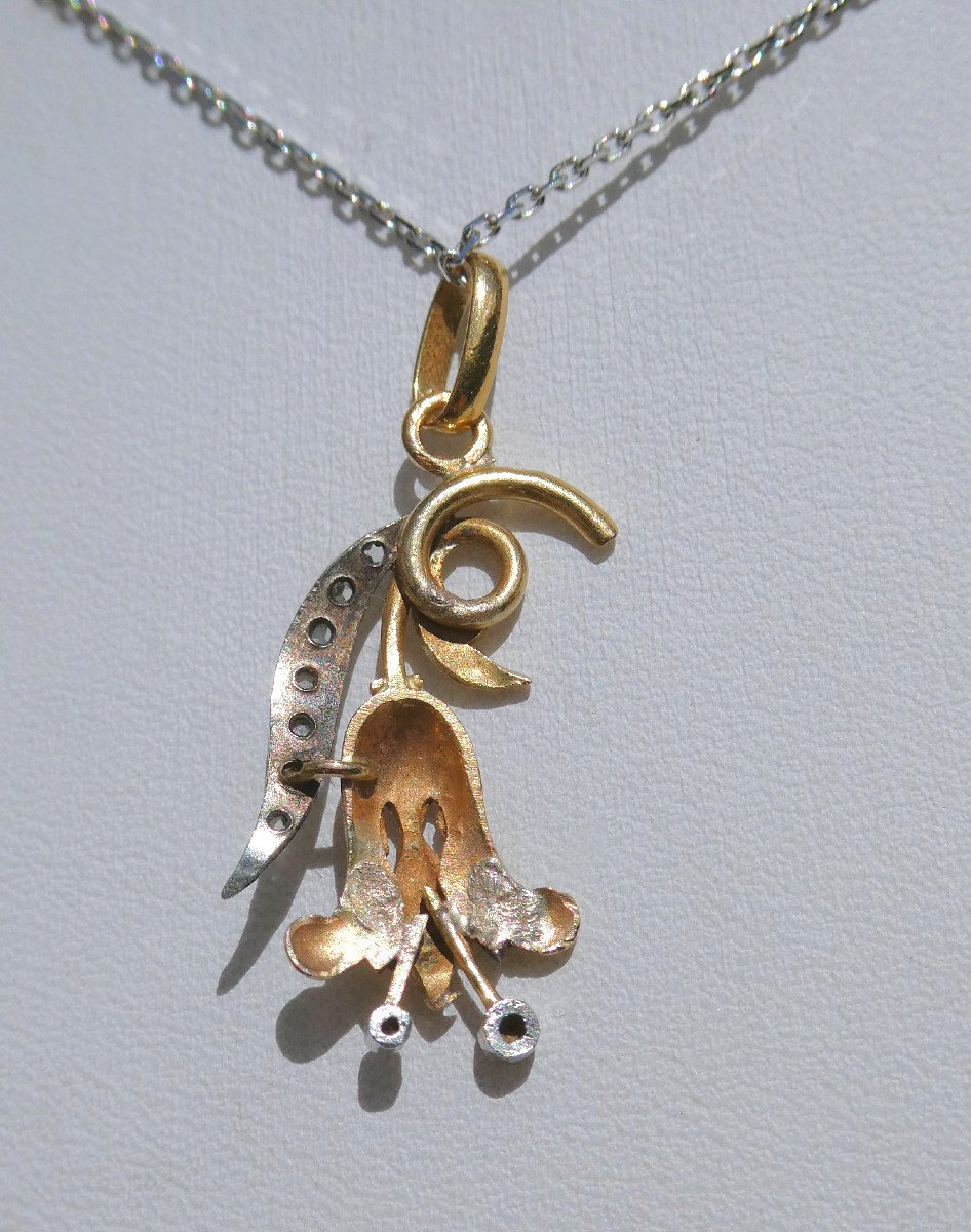 Pendentif En Or & Brillants , époque 1900 , Style Art Nouveau , Bijou Medaillon Fleurs XIXe-photo-4