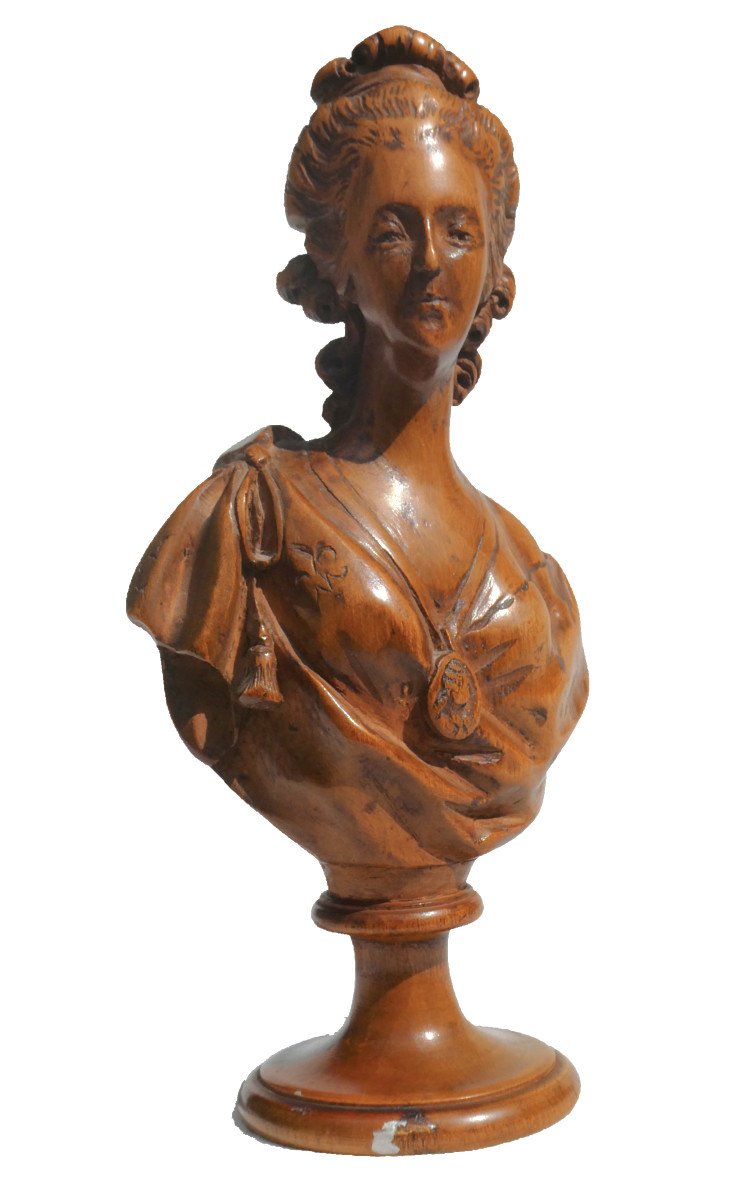 Buste De Marie Antoinette En Bois Sculpté Reine De France , Fleur De Lys , Souvenir Historique