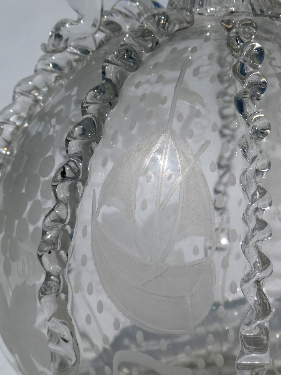 18th Century Dutch Blown Glass Carafe, Two Handled Gourd, Sailboat & Grape Decor-photo-4