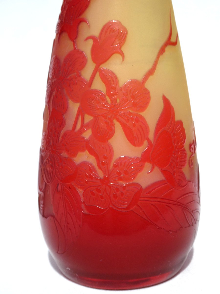 Vase Soliflore Signé d'Emile Gallé Verre Degagé à l'Acide , Art Nouveau , Coloris Rouge & Jaune-photo-4