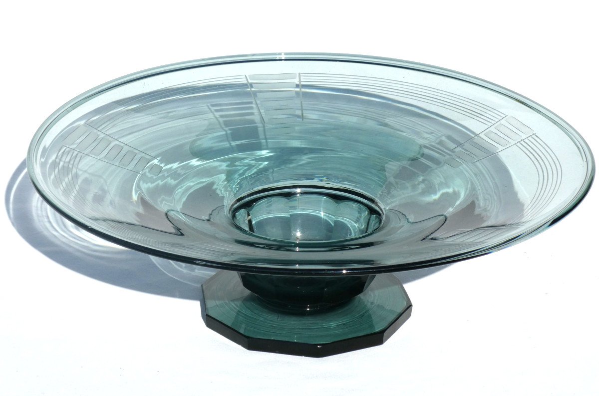 Grande Coupe Centre De Table Epoque 1920 , Style Art Deco , Daum Val Saint Lambert , Bleu -photo-3