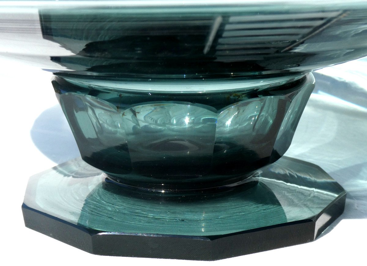 Grande Coupe Centre De Table Epoque 1920 , Style Art Deco , Daum Val Saint Lambert , Bleu -photo-3