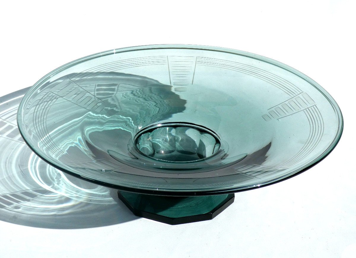 Grande Coupe Centre De Table Epoque 1920 , Style Art Deco , Daum Val Saint Lambert , Bleu -photo-4