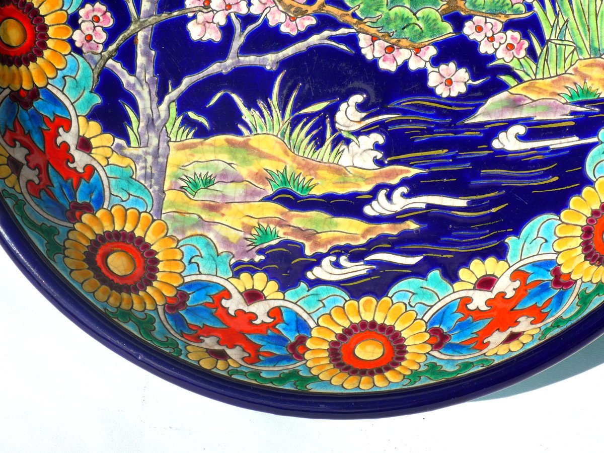 Large Longwy Earthenware Dish, Enamels, Japanese Decor, Paul Mignon Art Deco-photo-4