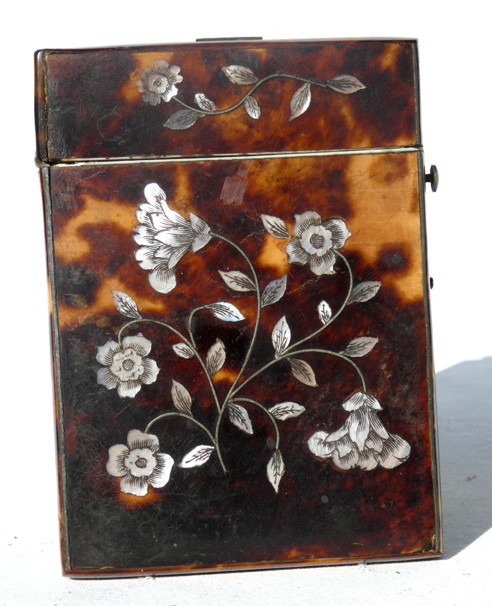 Etui Porte Cartes De Visites , époque Napoléon III , XIXe , écaille & Nacre , Fleurs & Rinceaux