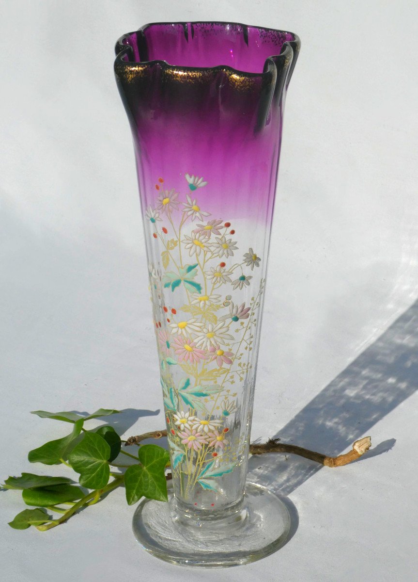 Grand Vase Cornet En Verre émaillé , Theodore Legras , Amethyste , époque Art Nouveau 1900 XIXe-photo-1