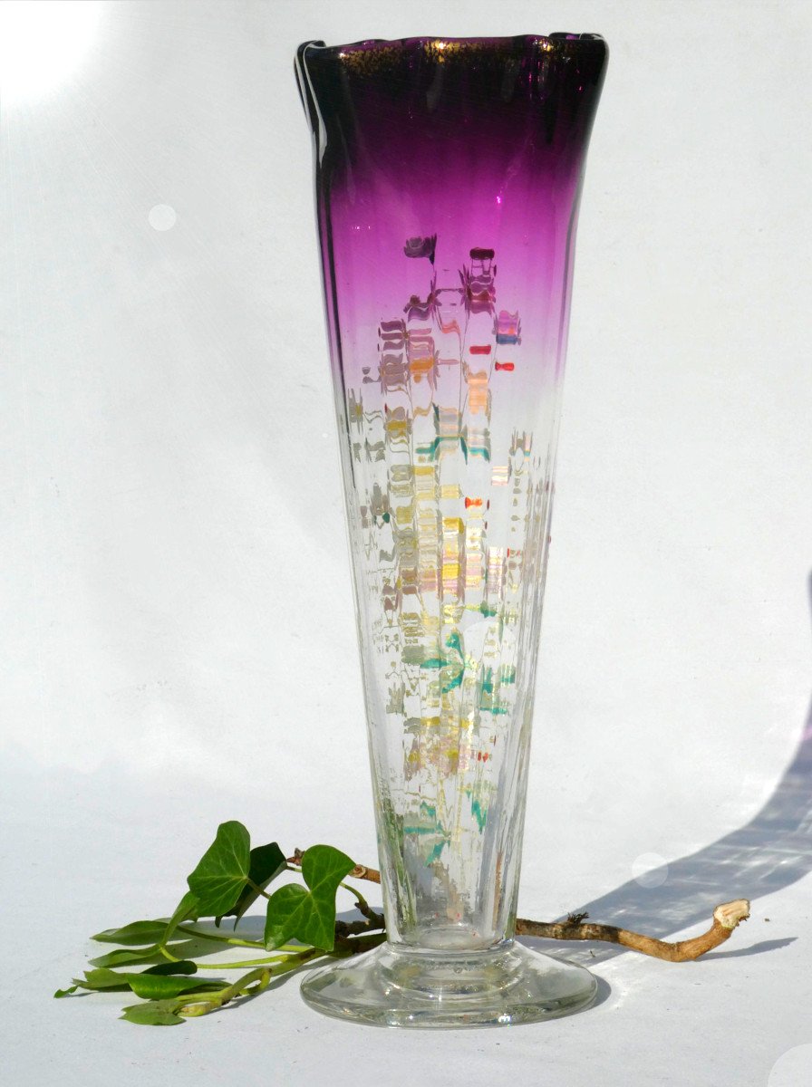 Grand Vase Cornet En Verre émaillé , Theodore Legras , Amethyste , époque Art Nouveau 1900 XIXe-photo-2