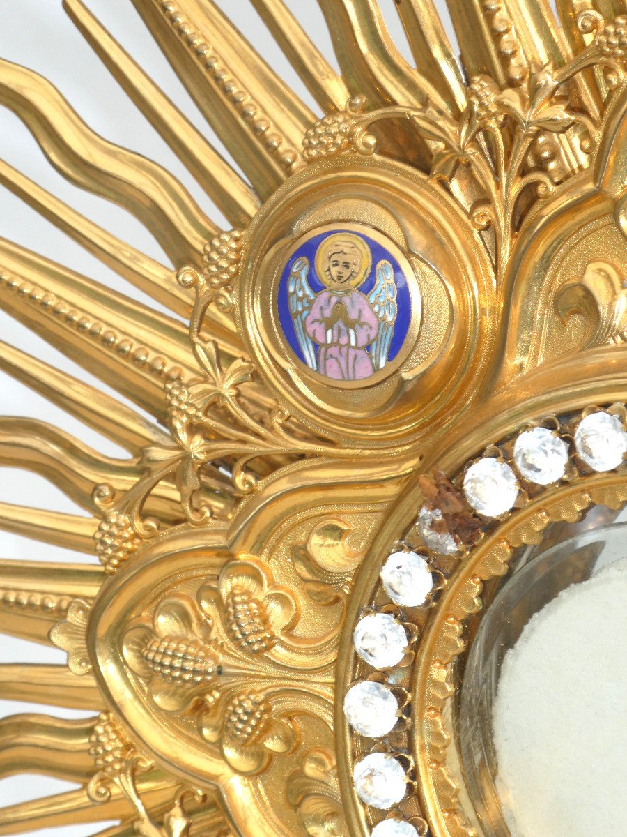 Large Monstrance Napoleon III Period, Neo Gothic Style, 19th Century Enamel Decor Reliquary-photo-2