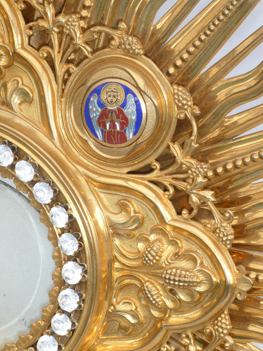 Large Monstrance Napoleon III Period, Neo Gothic Style, 19th Century Enamel Decor Reliquary-photo-3