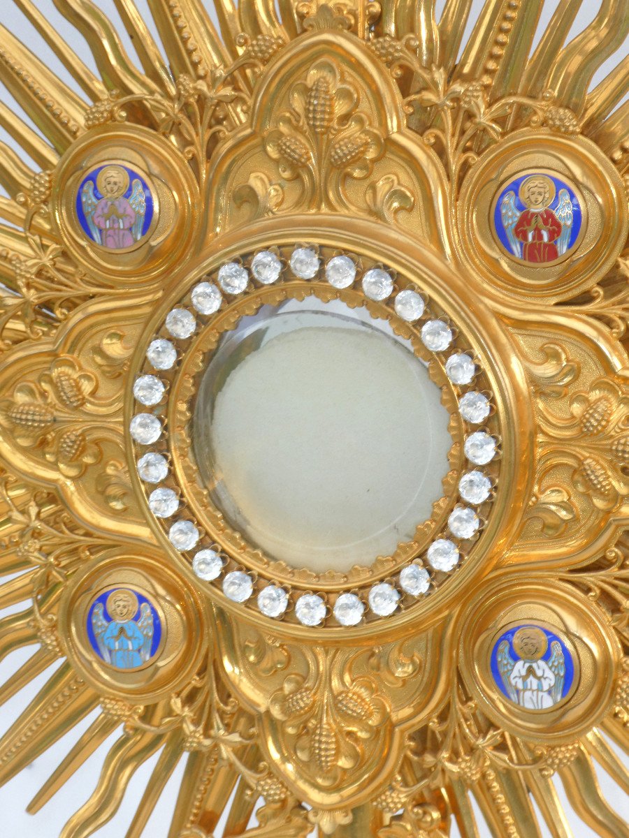 Large Monstrance Napoleon III Period, Neo Gothic Style, 19th Century Enamel Decor Reliquary-photo-4