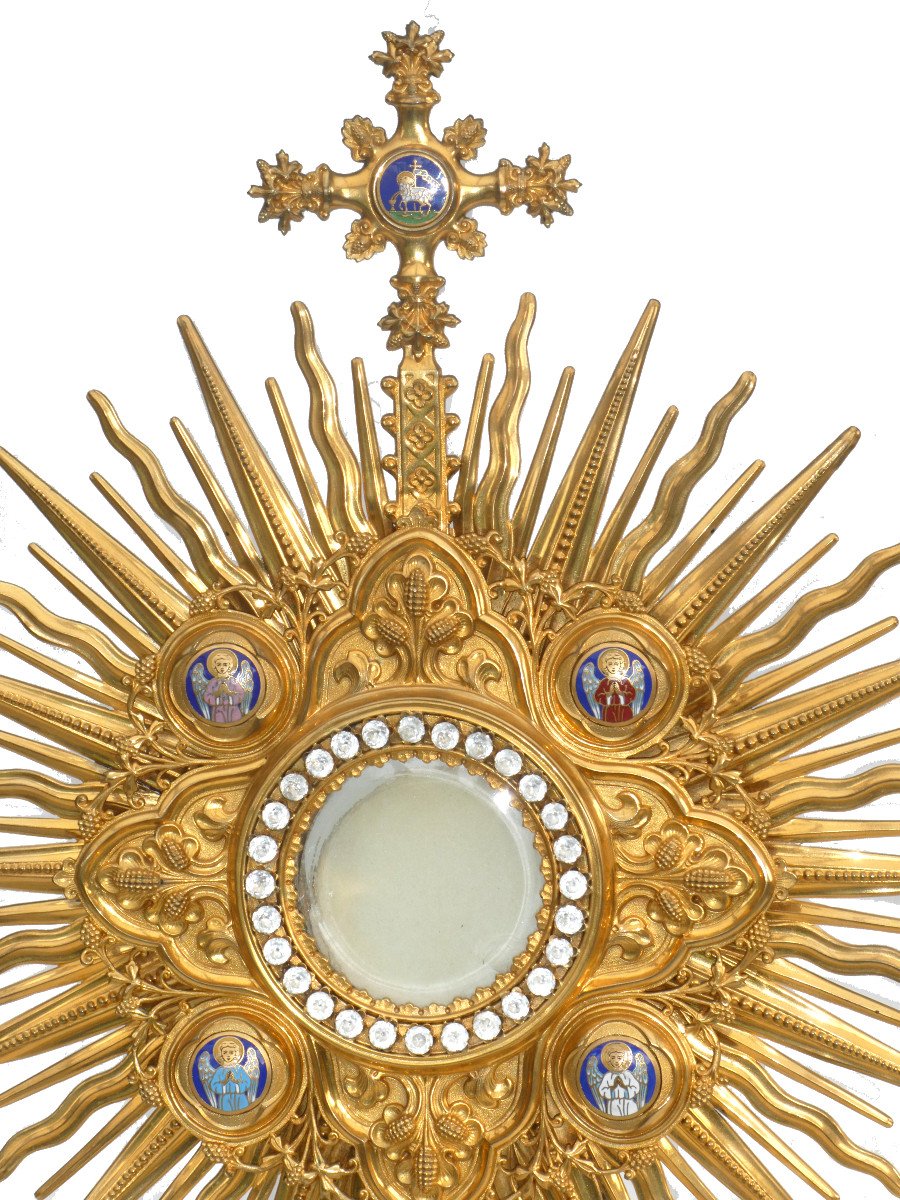 Large Monstrance Napoleon III Period, Neo Gothic Style, 19th Century Enamel Decor Reliquary-photo-1