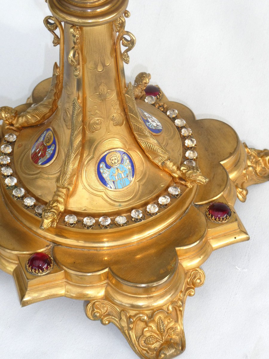 Large Monstrance Napoleon III Period, Neo Gothic Style, 19th Century Enamel Decor Reliquary-photo-4