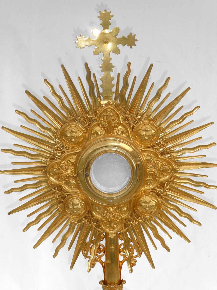Large Monstrance Napoleon III Period, Neo Gothic Style, 19th Century Enamel Decor Reliquary-photo-6