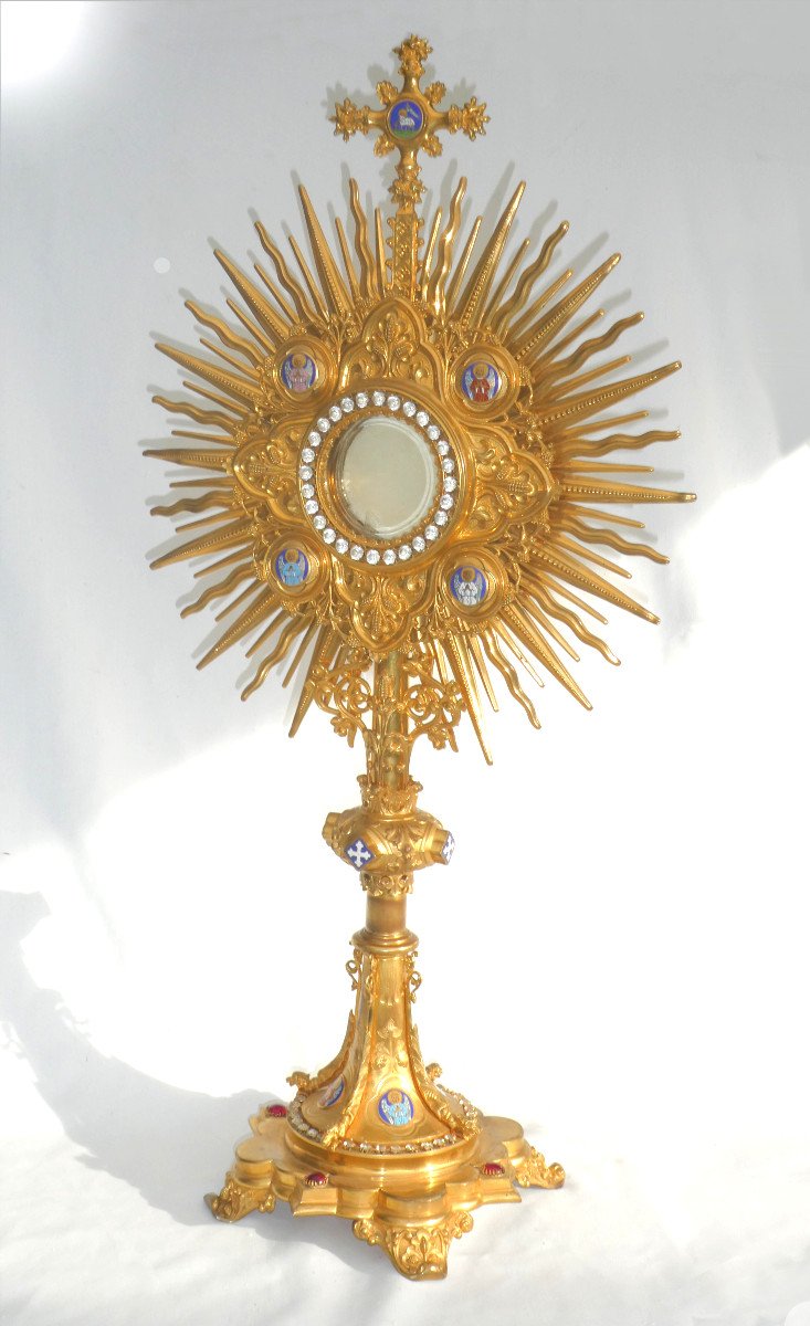 Large Monstrance Napoleon III Period, Neo Gothic Style, 19th Century Enamel Decor Reliquary-photo-8