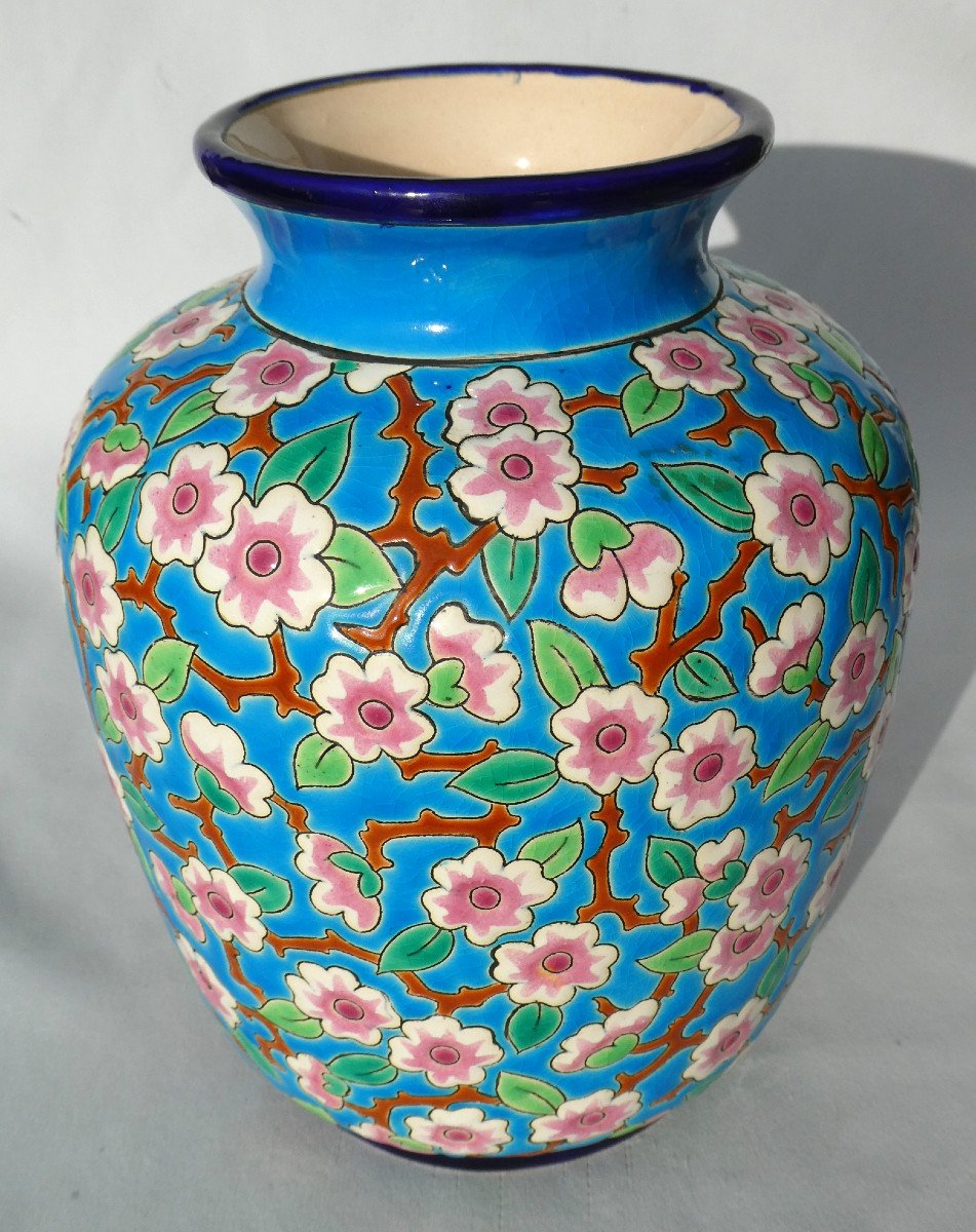 Longwy Enamel Vase, Apple Tree Branch Decor, Art Deco Style, Japanese-photo-2