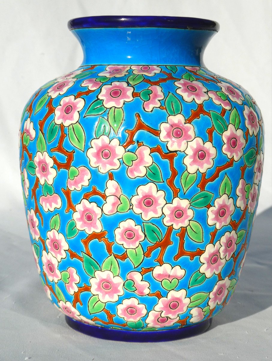 Longwy Enamel Vase, Apple Tree Branch Decor, Art Deco Style, Japanese