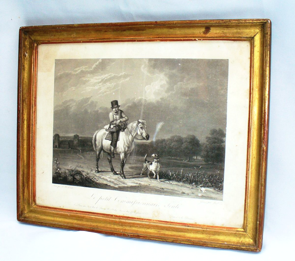 Gravure En Noire d'Epoque 1820 Jeune Garcon Sur Un Cheval , Scene Humoristique , Cadre Dore XIX