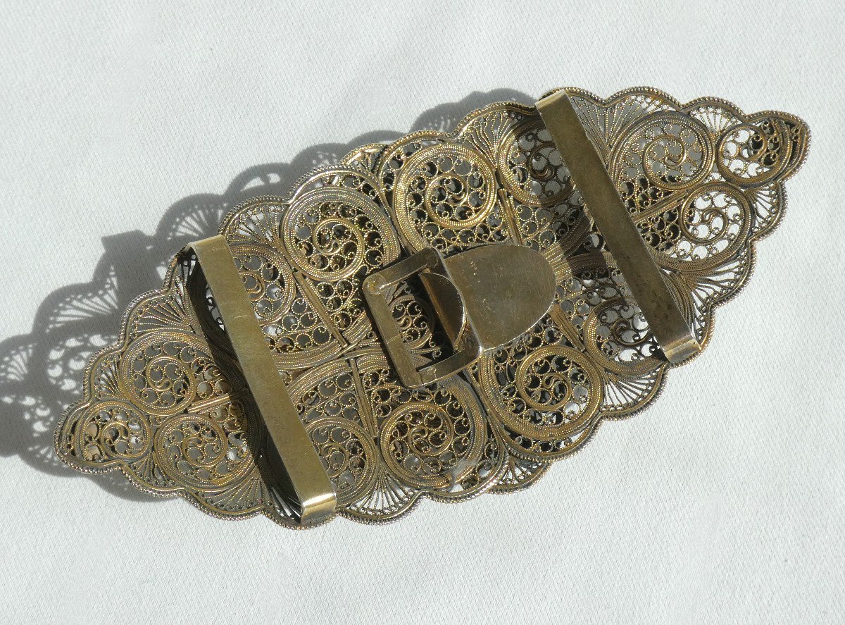 Boucle De Ceinture Argent Massif Pierres Semi Precieuses Filigrane XIXe , Style Austro Hongrois-photo-3