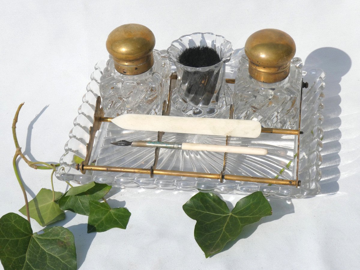 Double Encrier En Cristal De Baccarat , Bambou Tors XIXe , Essuie Plume Objet d'Ecriture Bureau-photo-2
