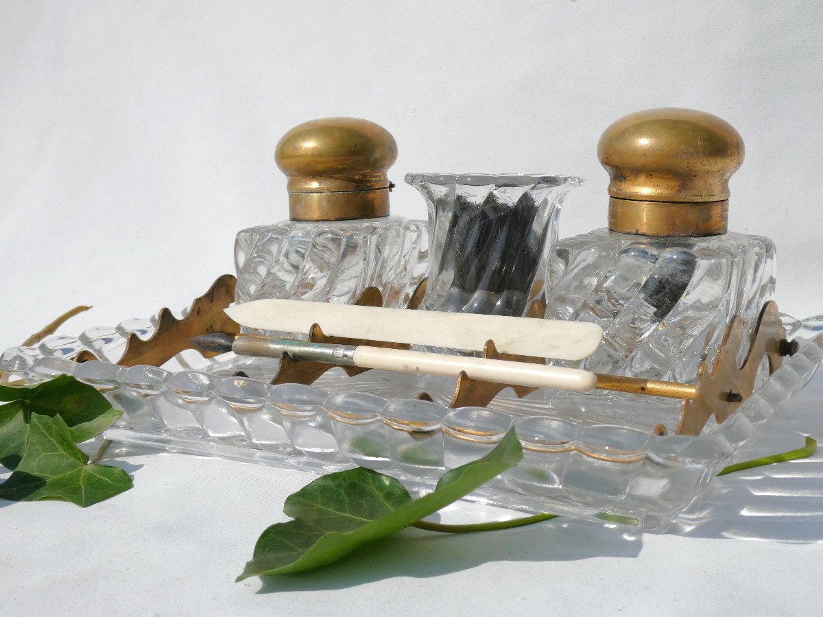 Double Encrier En Cristal De Baccarat , Bambou Tors XIXe , Essuie Plume Objet d'Ecriture Bureau