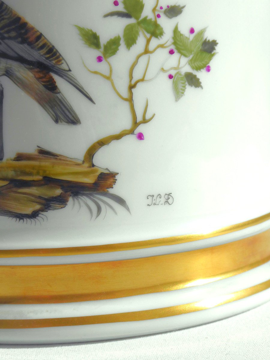 Pot d&#039;Apothicaire Couvert Porcelaine De Limoges D&eacute;cor d&#039;Outarde Oiseau Peint Style XIXe Buffon-photo-3