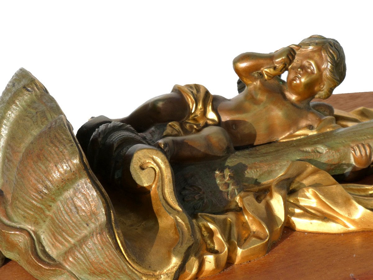 Grand Bentier Mural En Bronze Doré Et Acajou , époque Napoléon III , XIXe , Putto Angelot -photo-2