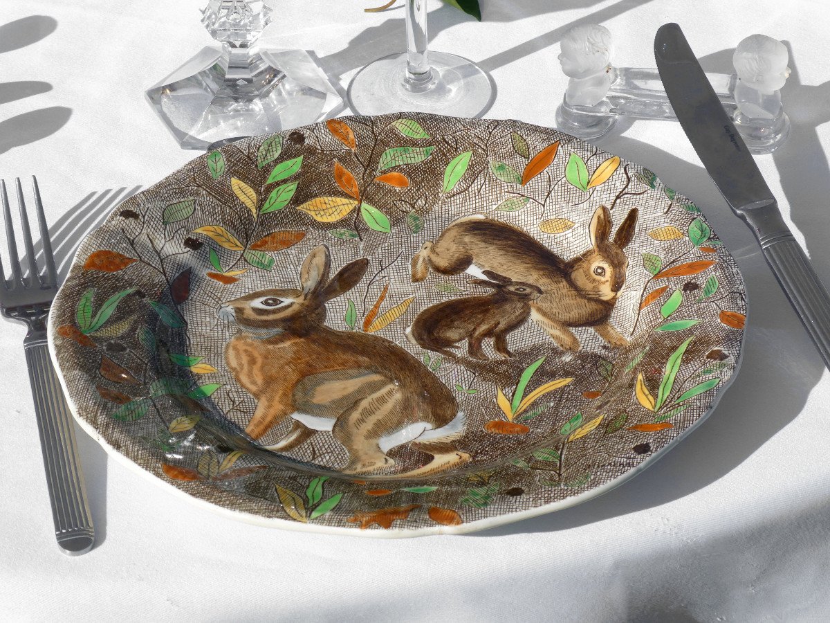 Gien Earthenware Table Service, Rambouillet Model, Hunting, Game, Deer, Hare -photo-1