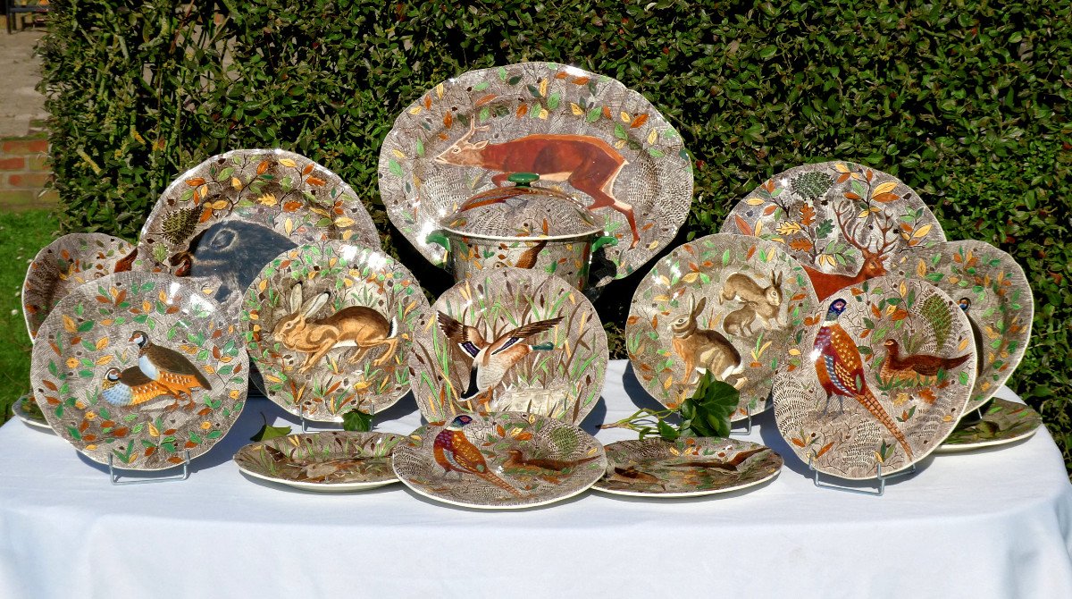 Gien Earthenware Table Service, Rambouillet Model, Hunting, Game, Deer, Hare 