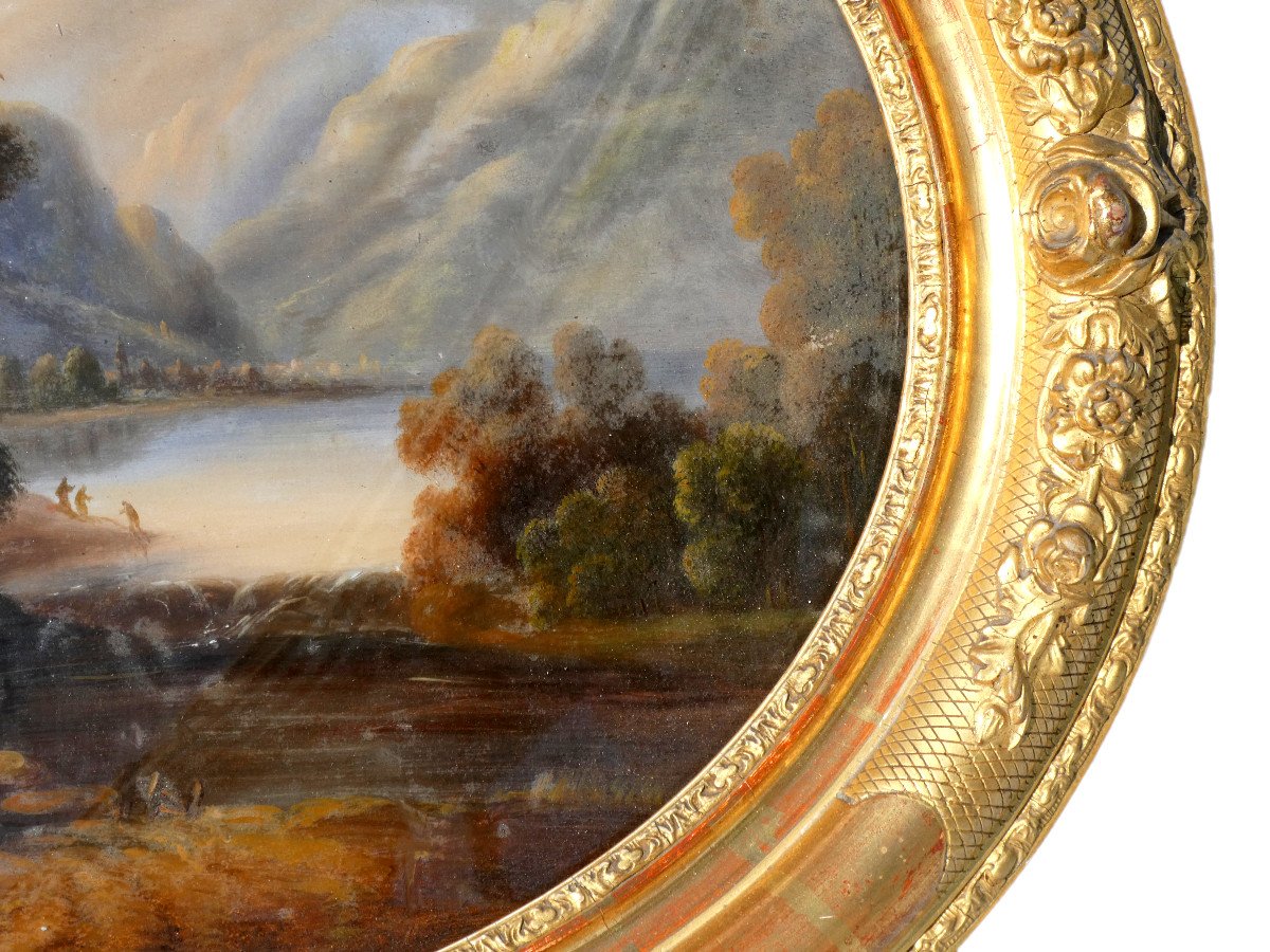 Painting Fixed Under Glass, Napoleon III Period, Countryside Landscape, Figures In The Mountains-photo-3