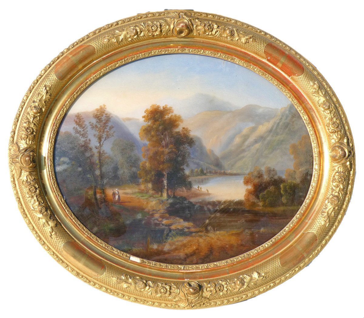 Painting Fixed Under Glass, Napoleon III Period, Countryside Landscape, Figures In The Mountains-photo-1