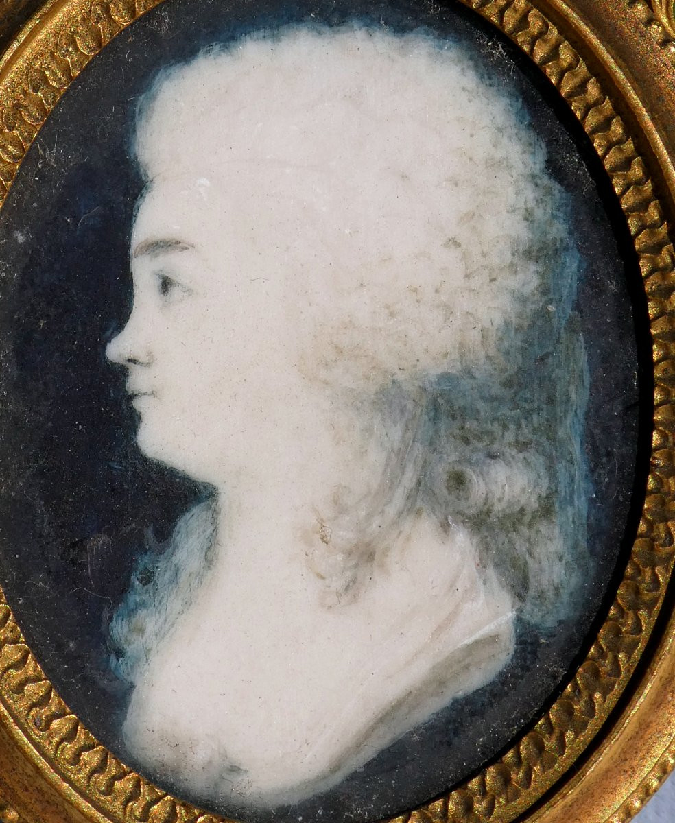 Miniature XVIIIe Profil De Jeune Femme En Grisaille Louis XVI , Coiffure Herisson Cadre Bronze-photo-2