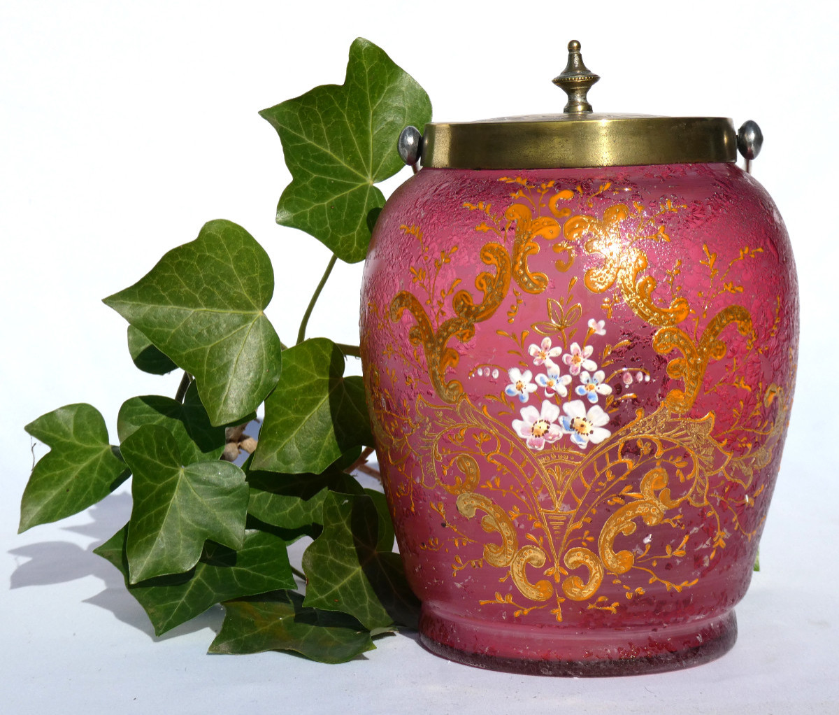 Seau à Bicuits Epoque Napoleon III , Verre émaillé Legras / Montjoye , Art Nouveau XIXe , Boite