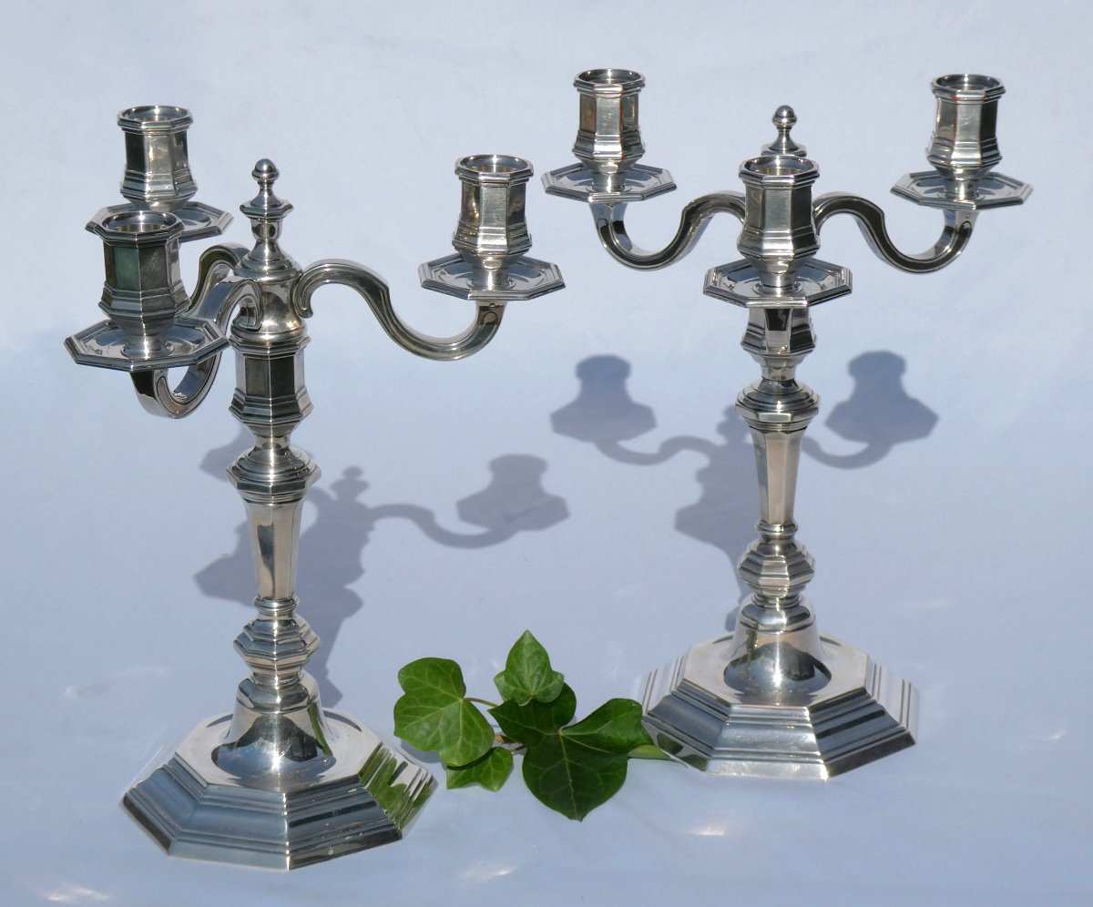 Paire De Candelabres En Métal Argenté Christofle , Modele Cluny , Regence Chandeliers bougeoirs-photo-2