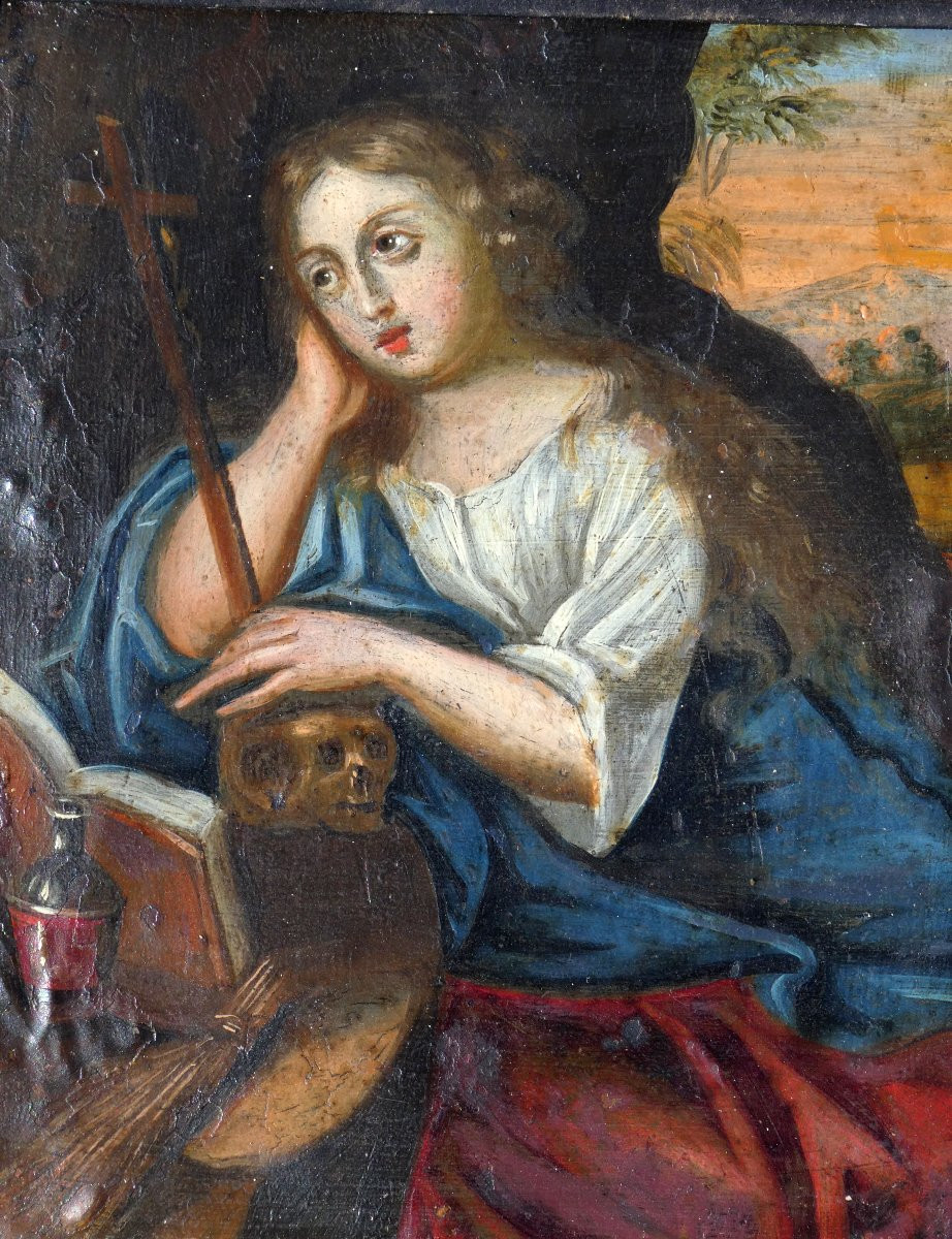 Peinture Religieuse Huile Sur Cuivre Epoque XVIIe Siecle Vanité , Sainte Marie Madeleine Crane-photo-2