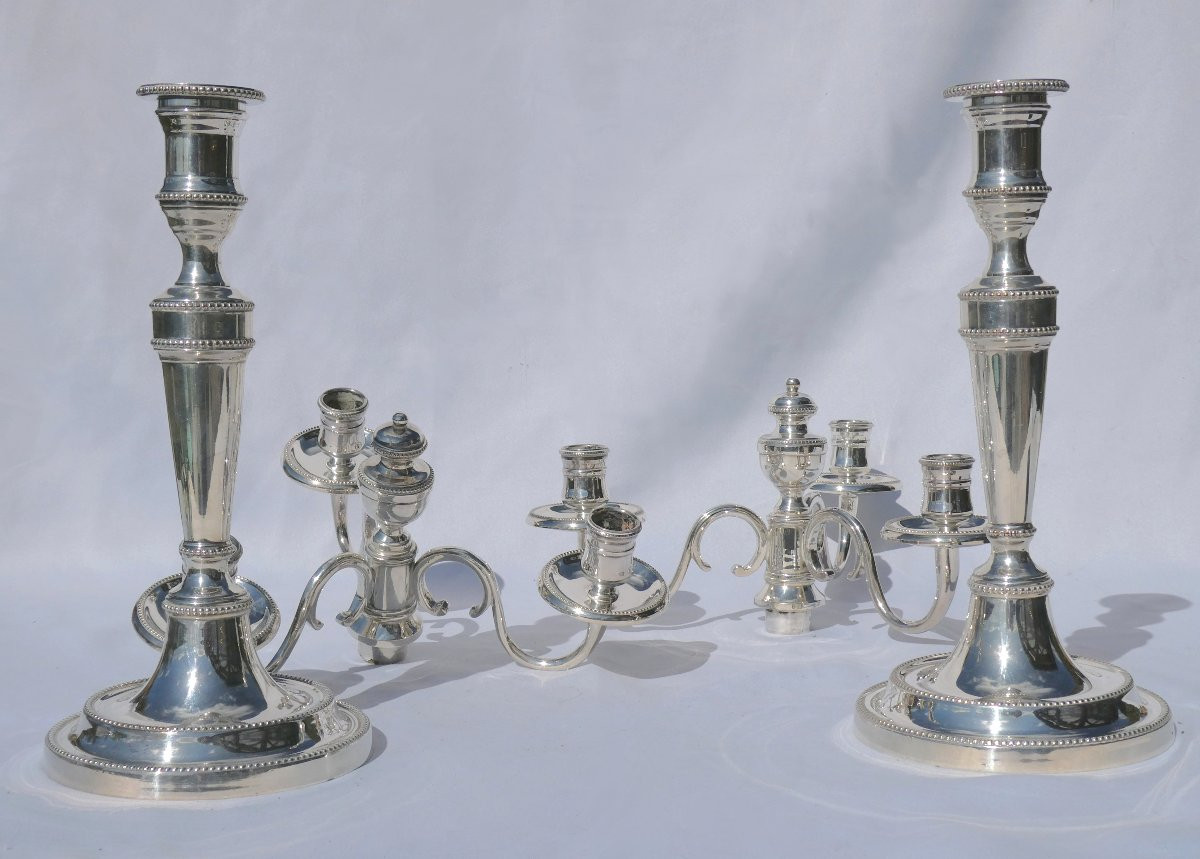 Paire De Candelabres / Bougeoirs à Systeme , Style Louis XVI , Metal Argenté XIXe , Chandeliers-photo-4