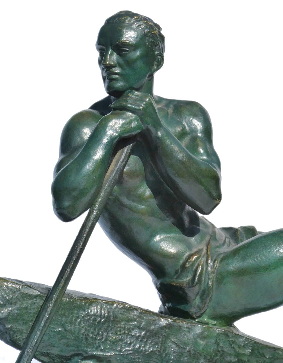 Sculpture En Bronze Art Deco , Homme Torse Nu , Le Barreur Signé Pierre Le Faguays 1920-photo-2