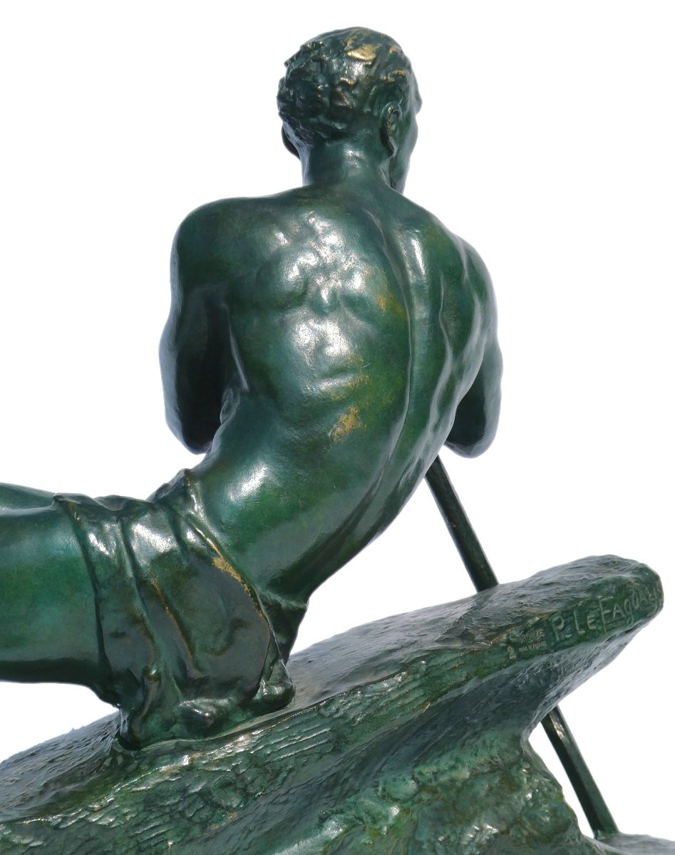 Sculpture En Bronze Art Deco , Homme Torse Nu , Le Barreur Signé Pierre Le Faguays 1920-photo-4