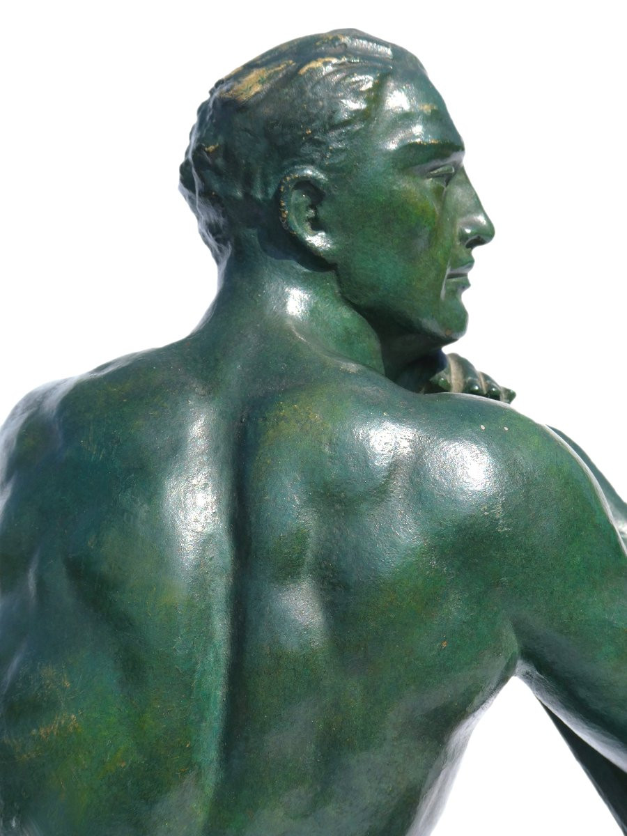 Sculpture En Bronze Art Deco , Homme Torse Nu , Le Barreur Signé Pierre Le Faguays 1920-photo-2