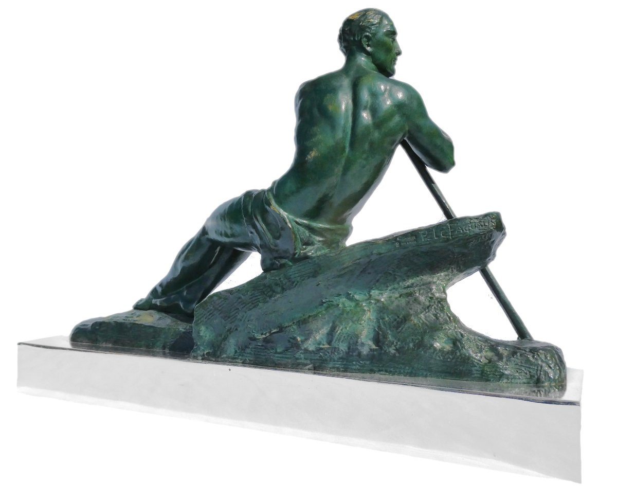 Sculpture En Bronze Art Deco , Homme Torse Nu , Le Barreur Signé Pierre Le Faguays 1920-photo-3