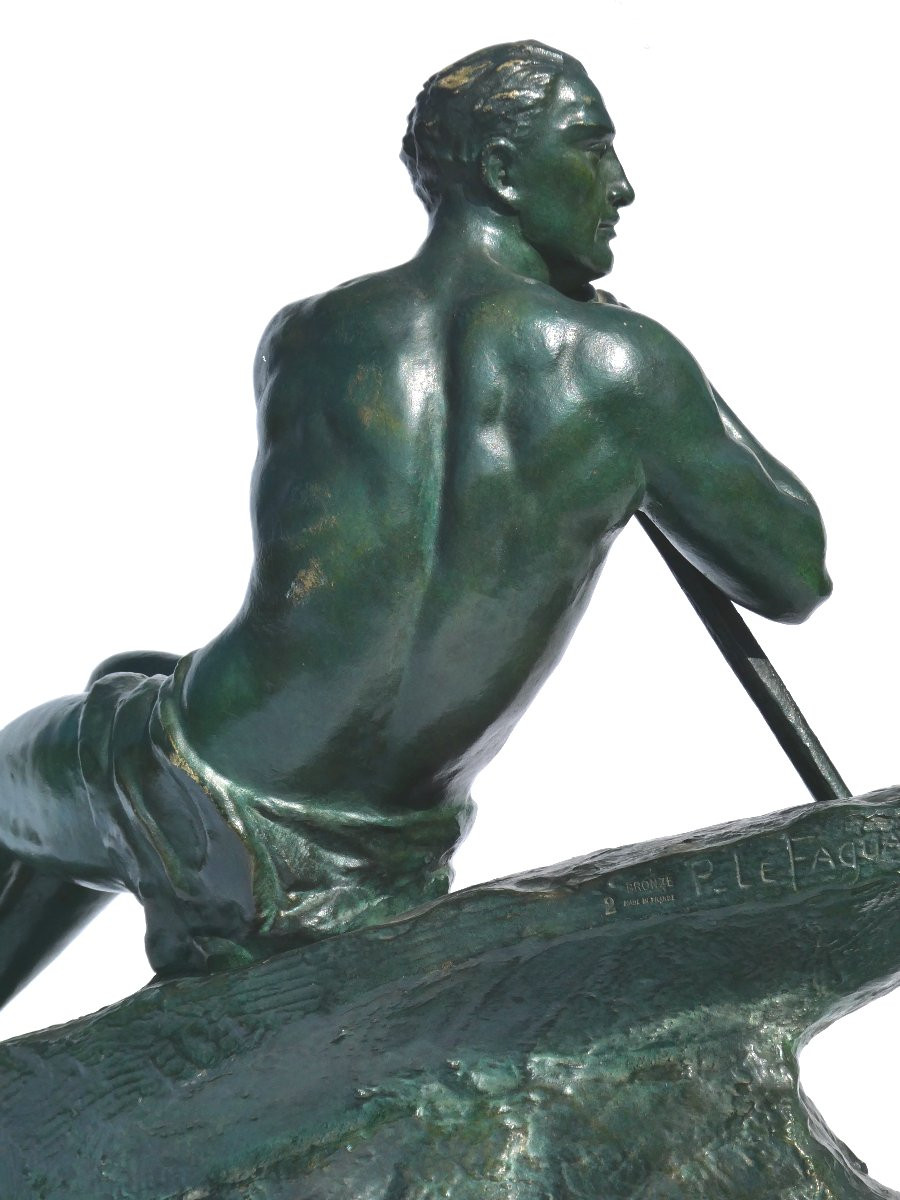 Sculpture En Bronze Art Deco , Homme Torse Nu , Le Barreur Signé Pierre Le Faguays 1920-photo-4