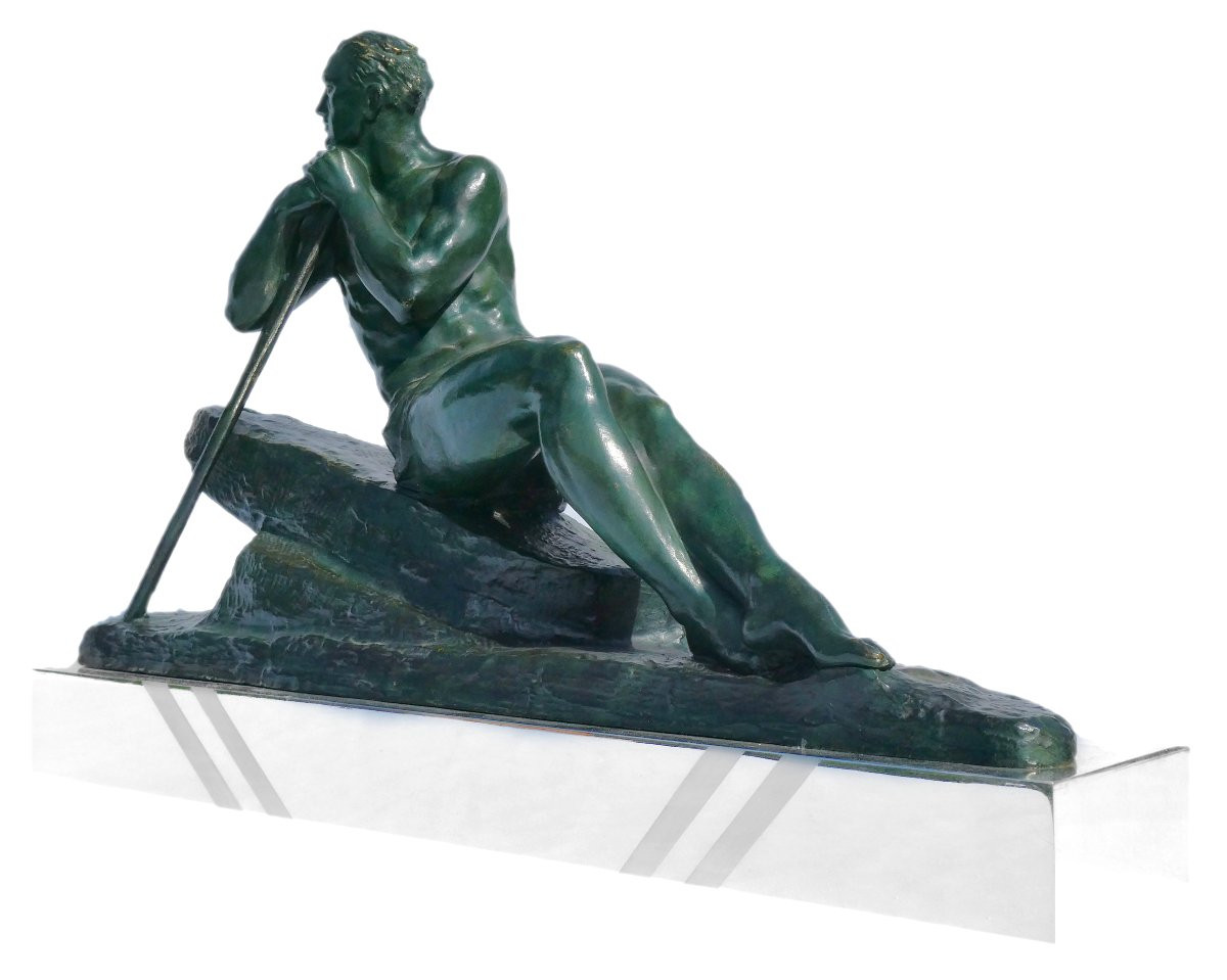 Sculpture En Bronze Art Deco , Homme Torse Nu , Le Barreur Signé Pierre Le Faguays 1920-photo-5